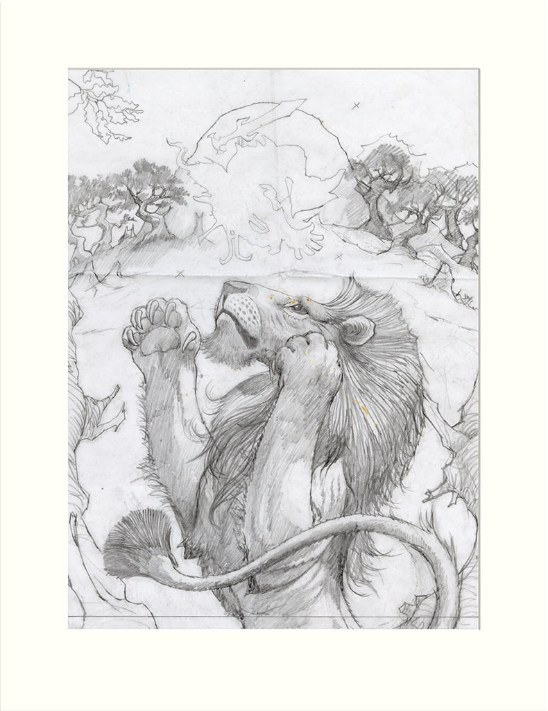 Detail from Aslan and the Dwarf - Aslan original pencil drawing.