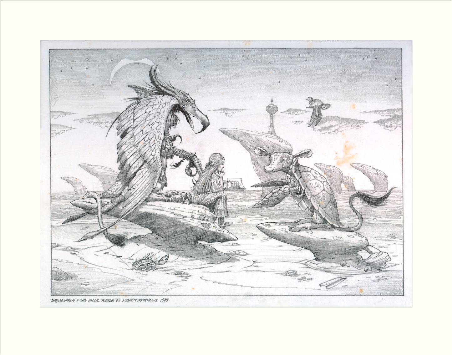 The Gryffin and the Mock Turtle (Alice in Wonderland) original pencil sketch by Rodney Matthews