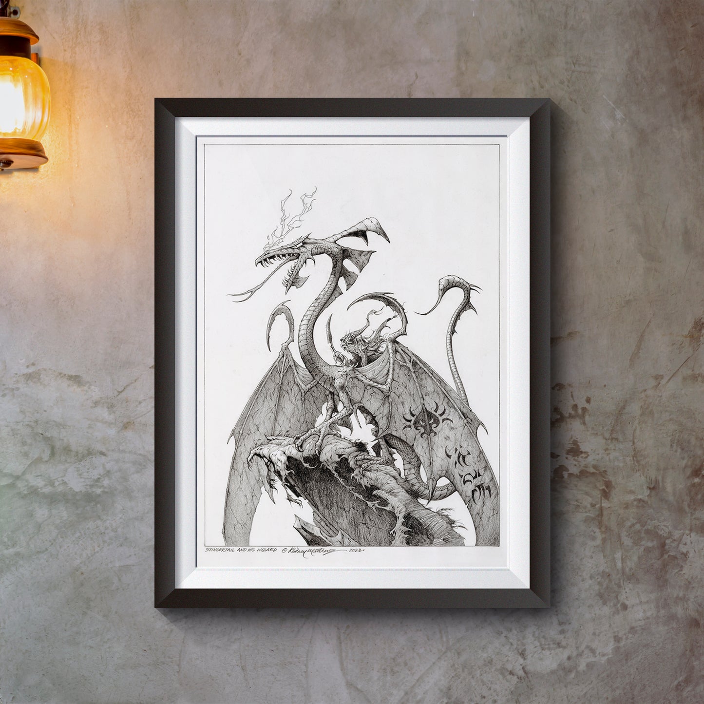 Stingertail and His Wizard original pencil drawing by Rodney Matthews
