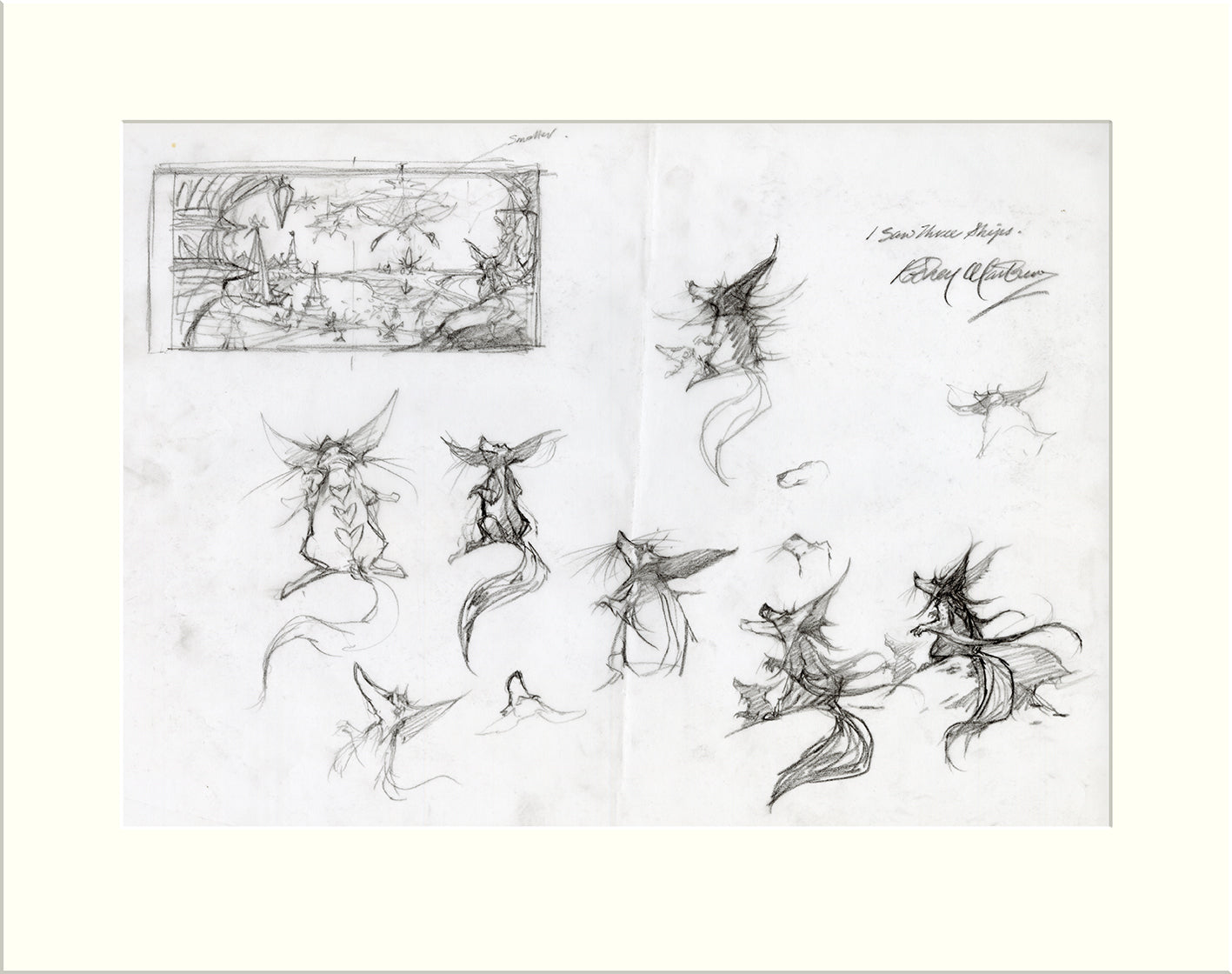 Detail from I Saw Three Ships: Layout and Furry Critter (Rodney Matthews, Jeff Scheetz and Friends) original pencil sketch by Rodney Matthews