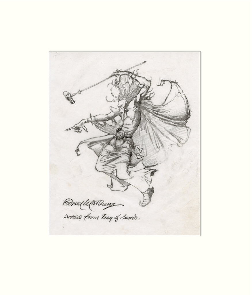 Detail from Trey of Swords - Targi original pencil drawing by Rodney Matthews