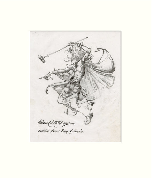 Detail from Trey of Swords - Targi original pencil drawing by Rodney Matthews