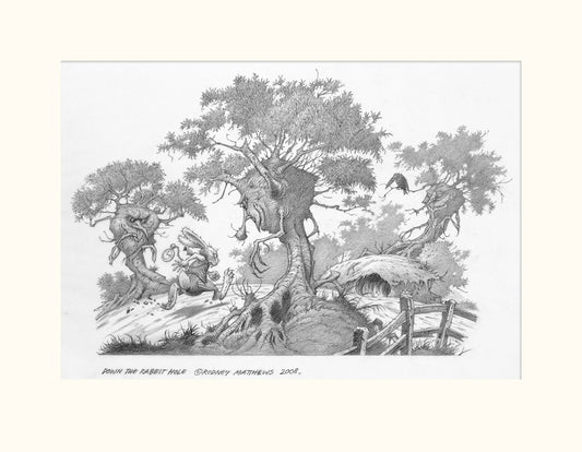 Down the Rabbit Hole (Alice in Wonderland) original pencil sketch by Rodney Matthews