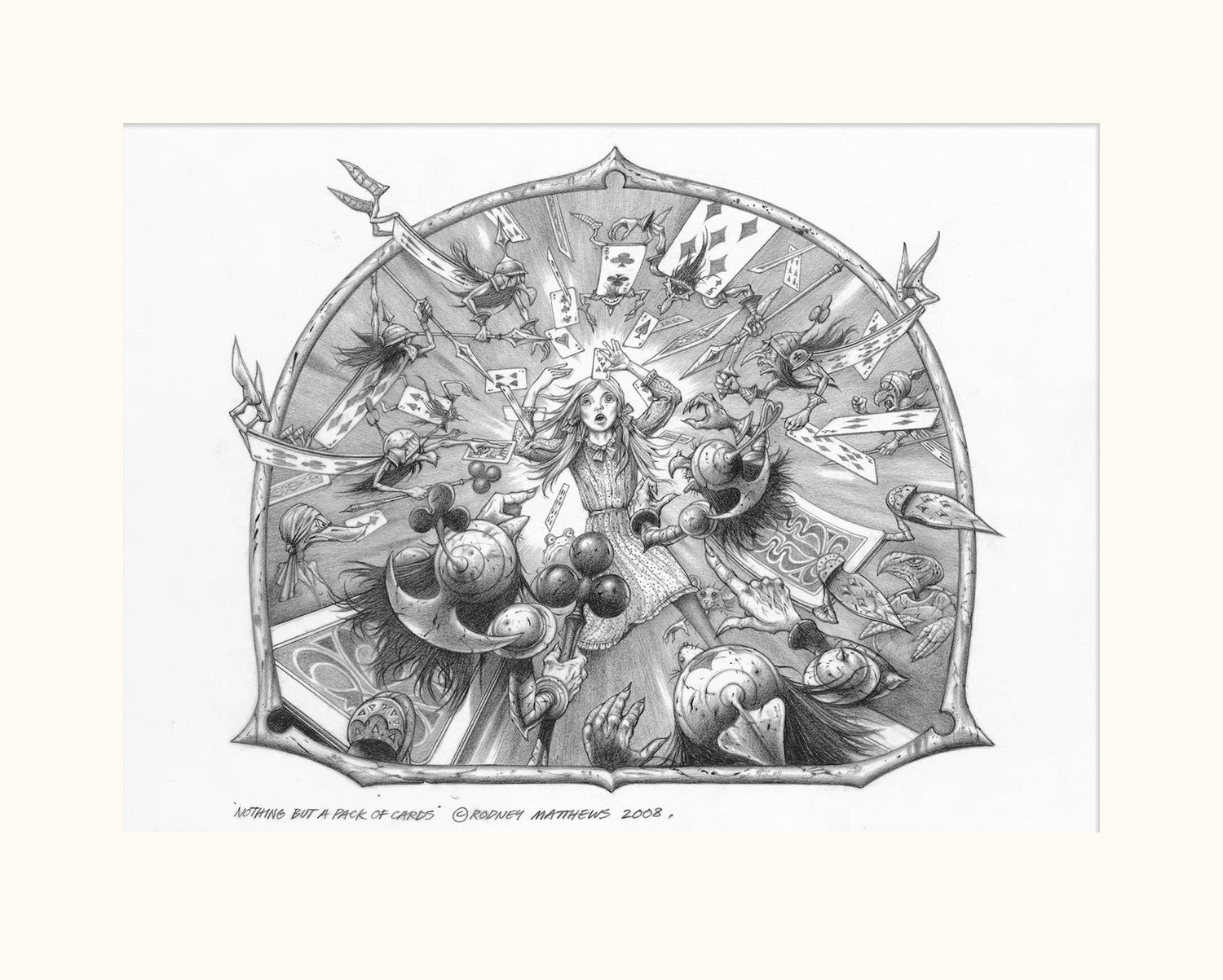 Nothing but a Pack of Cards (Alice in Wonderland) original pencil sketch by Rodney Matthews