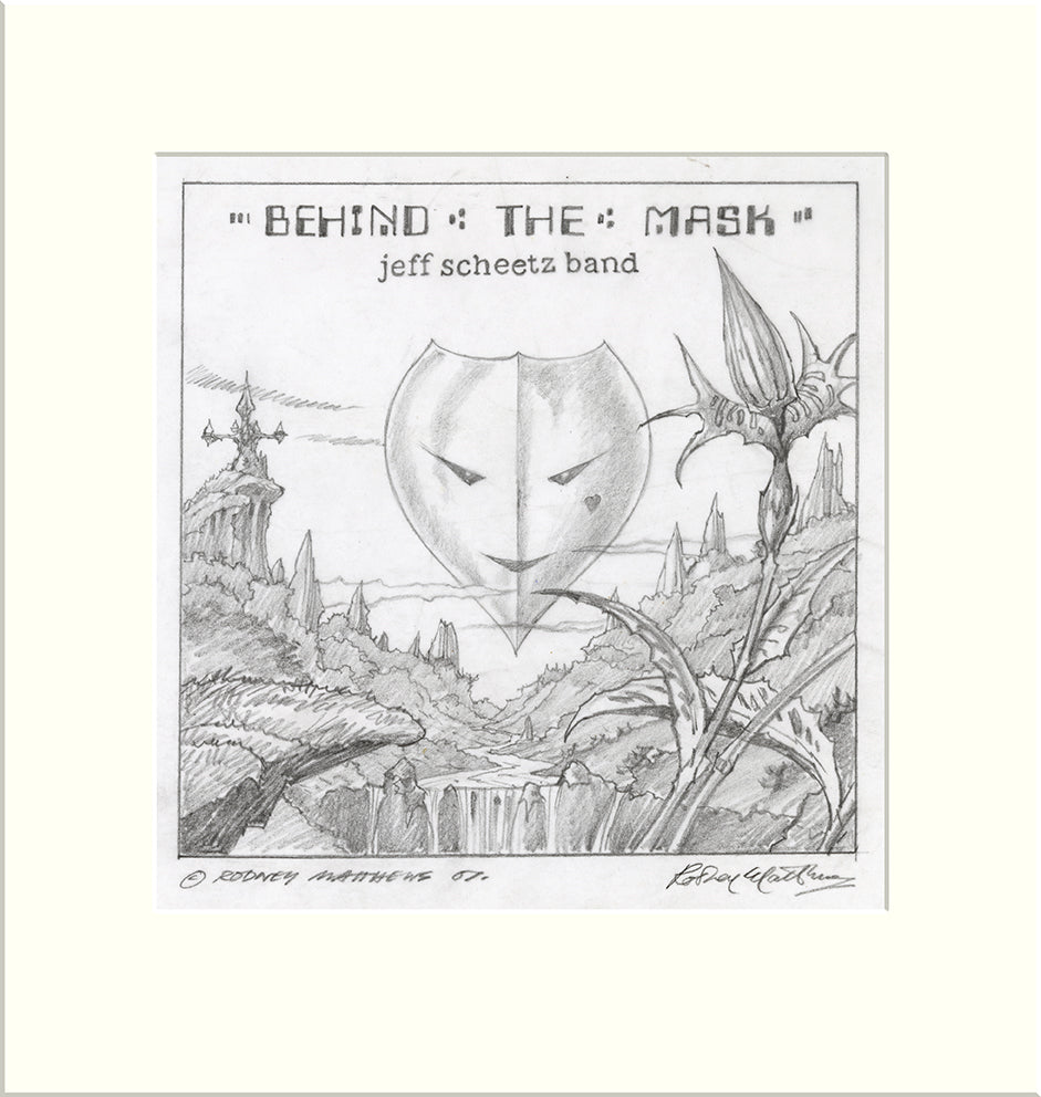 Behind the Mask (Jeff Scheetz Band) original pencil sketch by Rodney Matthews