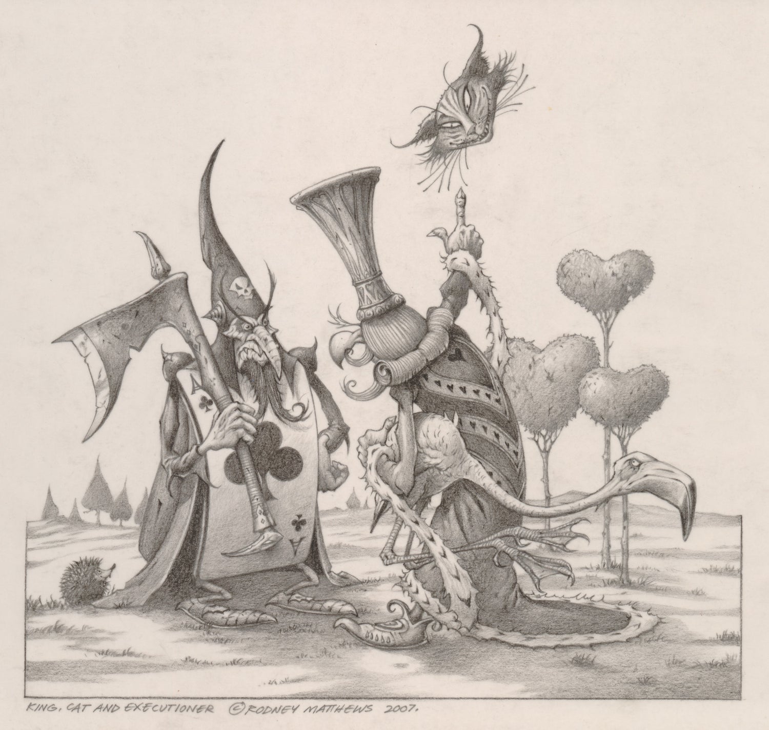 King, Cat and Executioner (Alice in Wonderland) original pencil sketch by Rodney Matthews
