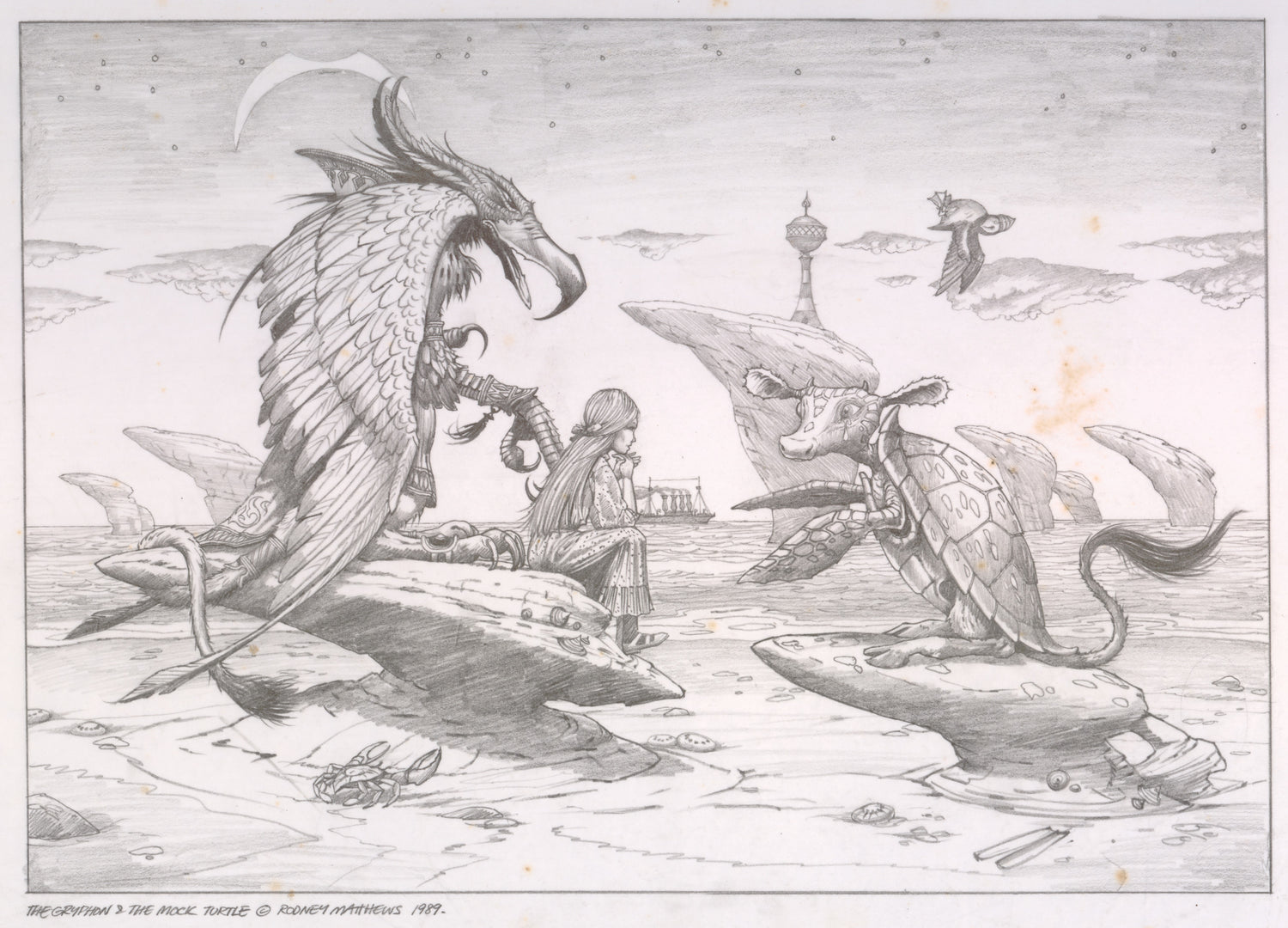 The Gryffin and the Mock Turtle (Alice in Wonderland) original pencil sketch by Rodney Matthews