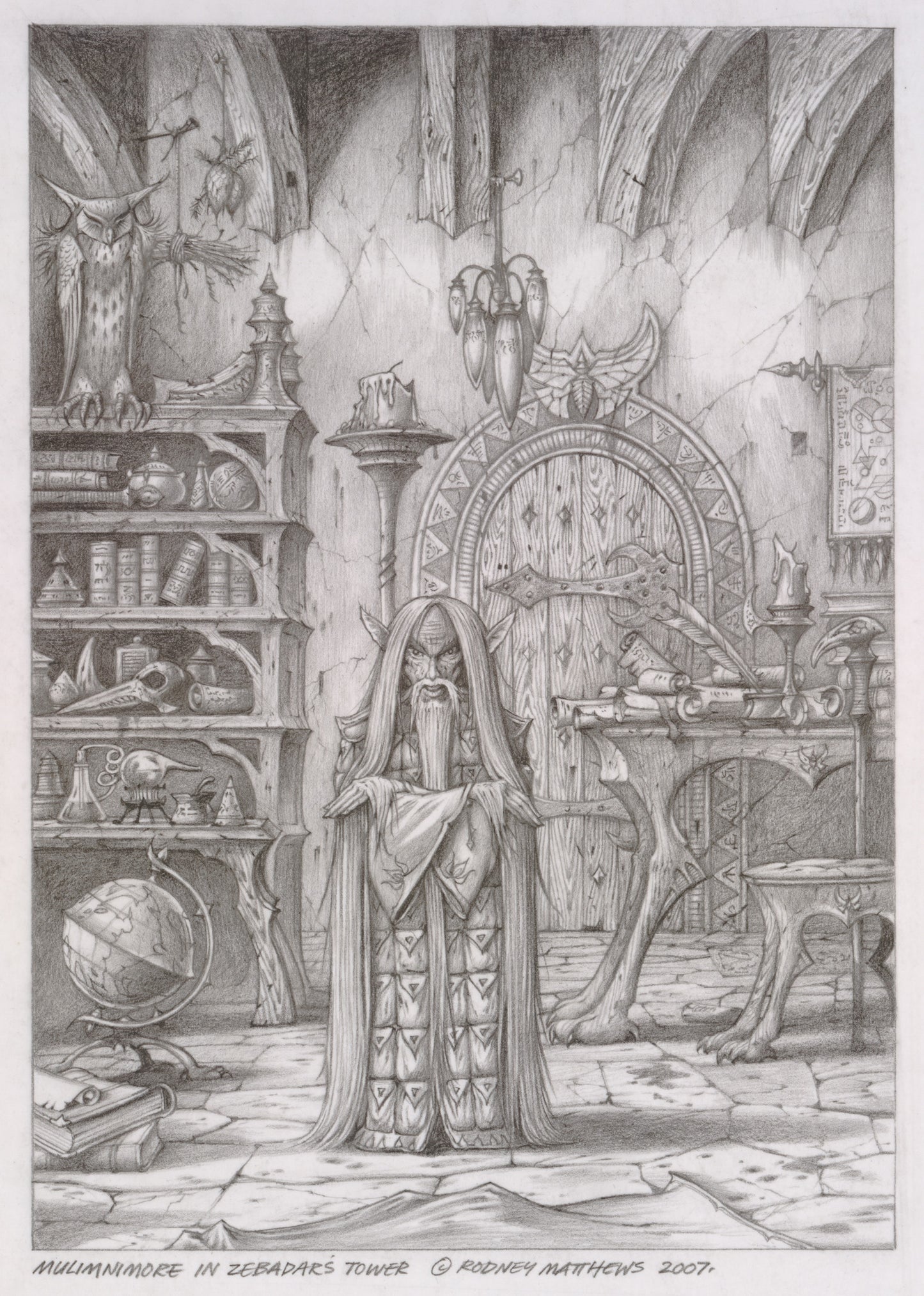 Mulimnimore in Zebadar's Tower (World of Illusions) original pencil sketch by Rodney Matthews