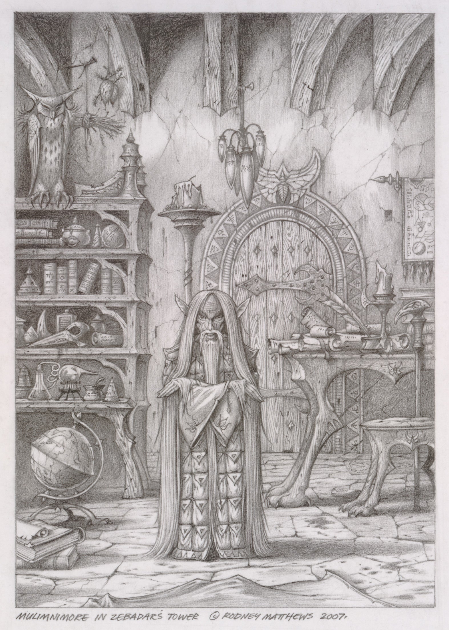 Mulimnimore in Zebadar's Tower (World of Illusions) original pencil sketch by Rodney Matthews