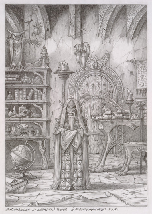 Mulimnimore in Zebadar's Tower (World of Illusions) original pencil sketch by Rodney Matthews