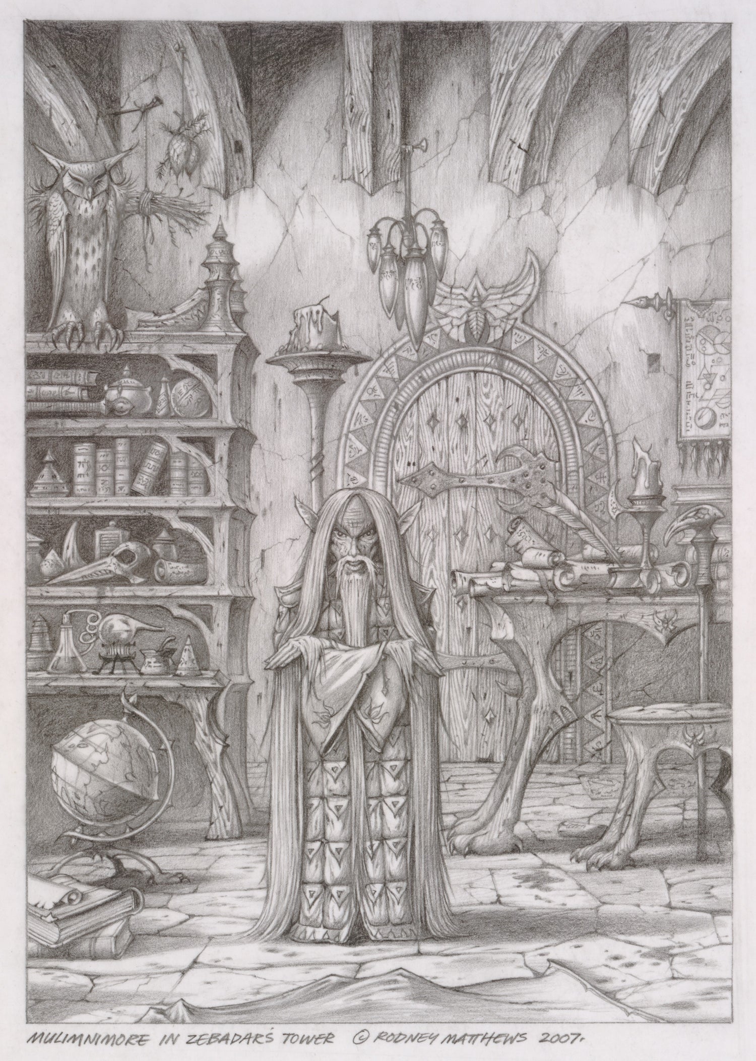 Mulimnimore in Zebadar's Tower (World of Illusions) original pencil sketch by Rodney Matthews
