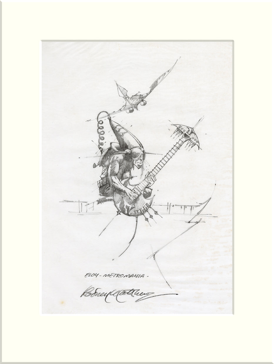 Detail from Be Watchful: Guitarist (Eloy) original pencil sketch by Rodney Matthews