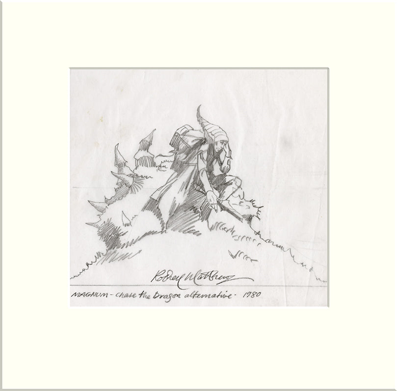Detail from Chase the Dragon - Alternative: Figure (Magnum) original pencil sketch by Rodney Matthews