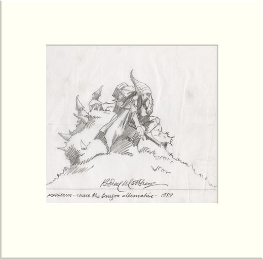 Detail from Chase the Dragon - Alternative: Figure (Magnum) original pencil sketch by Rodney Matthews