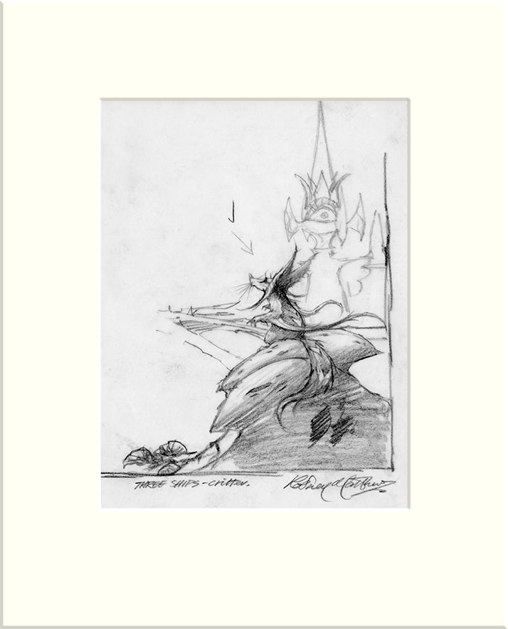 Detail from I Saw Three Ships: Furry Critter (Rodney Matthews, Jeff Scheetz and Friends) original pencil sketch by Rodney Matthews