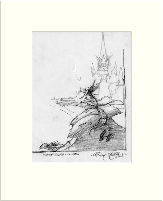Detail from I Saw Three Ships: Furry Critter (Rodney Matthews, Jeff Scheetz and Friends) original pencil sketch by Rodney Matthews