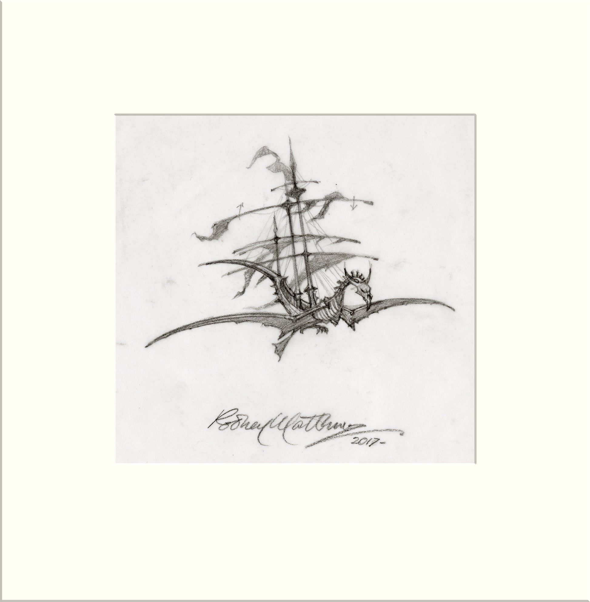 Detail from Painted Black: Skeletal Ship (The Rolling Stones) original pencil sketch by Rodney Matthews
