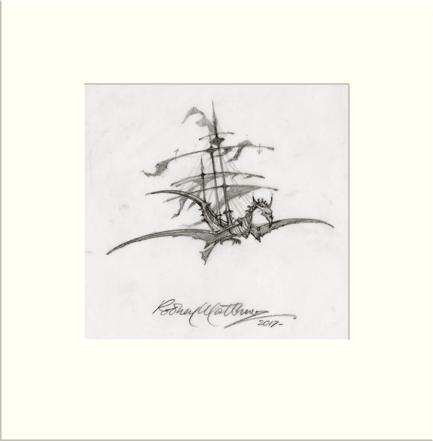 Detail from Painted Black: Skeletal Ship (The Rolling Stones) original pencil sketch by Rodney Matthews