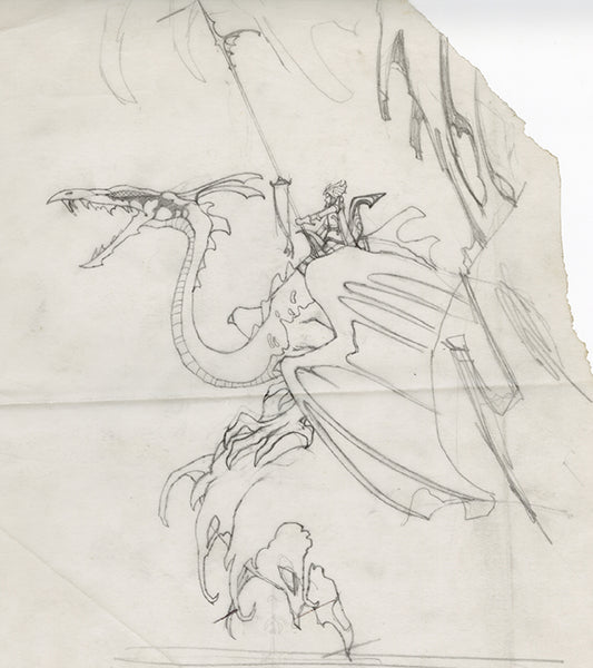 Dyvim Slorm and Dragon original pencil drawing by Rodney Matthews