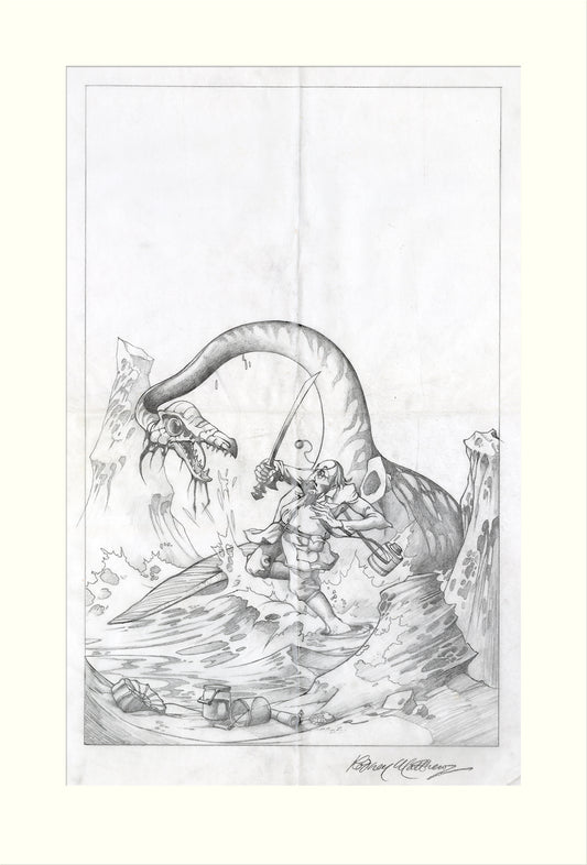 The Monster of Lake La Metrie pencil drawing by Rodney Matthews