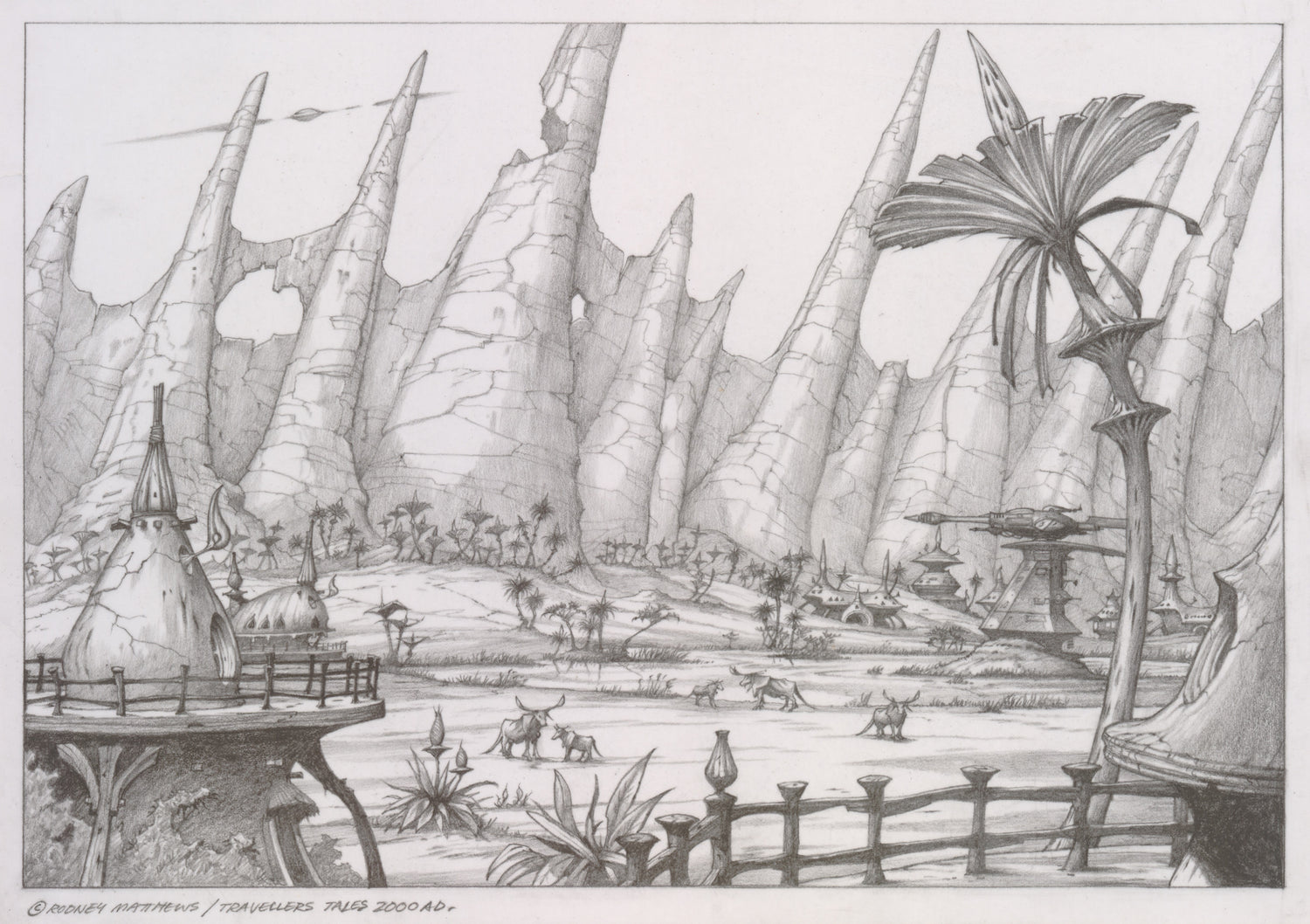 Defended Village (Haven - The Call of the King) original pencil sketch by Rodney Matthews