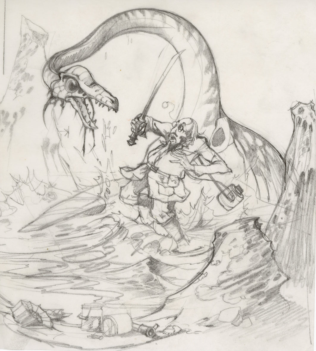 The Monster of Lake La Metrie original pencil drawing by Rodney Matthews