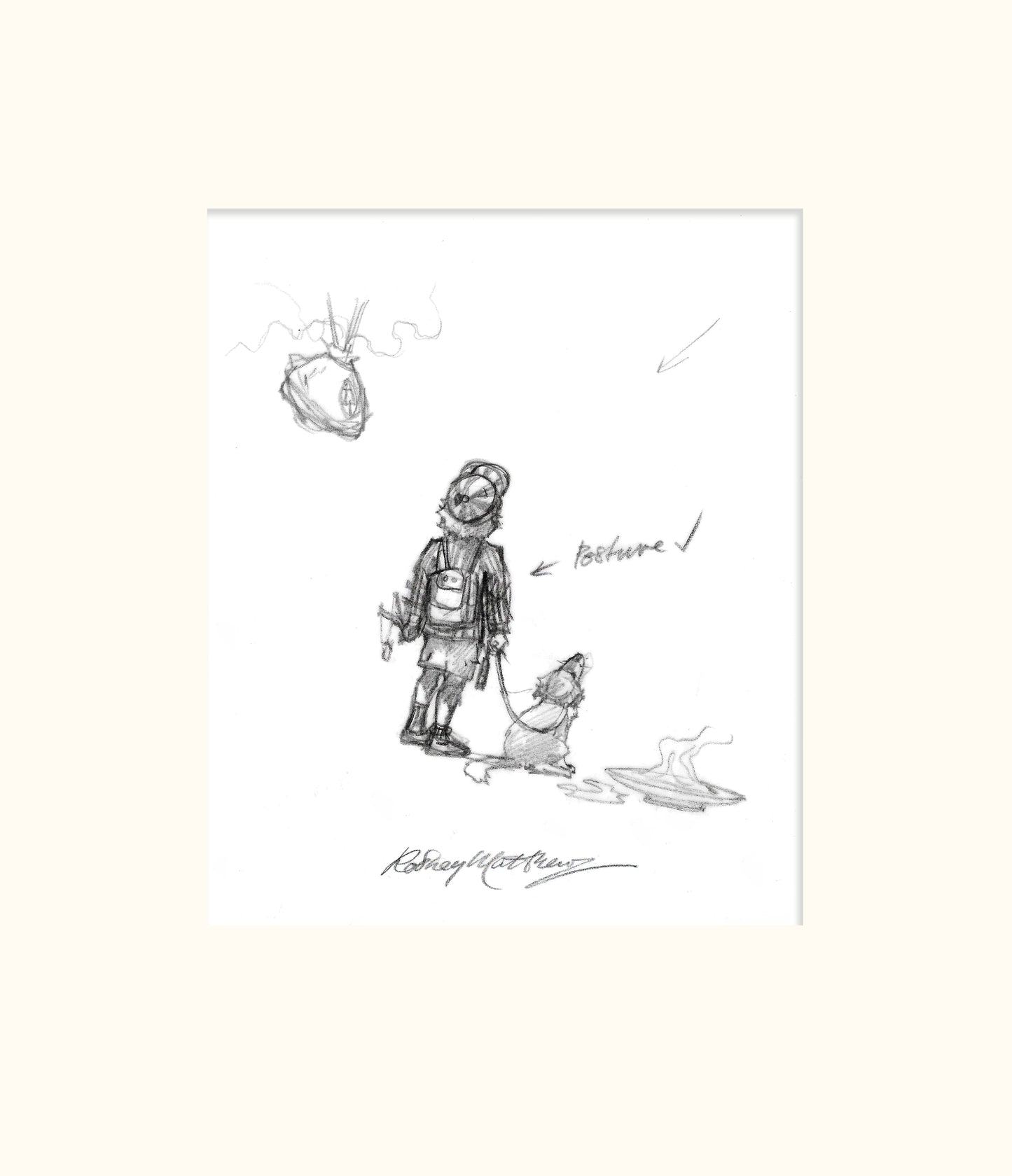 Detail from SB'D'L (Magnum) - Small boy, dog and Storyteller's bag original pencil sketch by Rodney Matthews