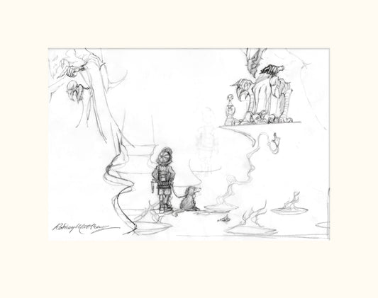 Detail from SB'D'L (Magnum) - Small boy, dog and villain original pencil sketch by Rodney Matthews