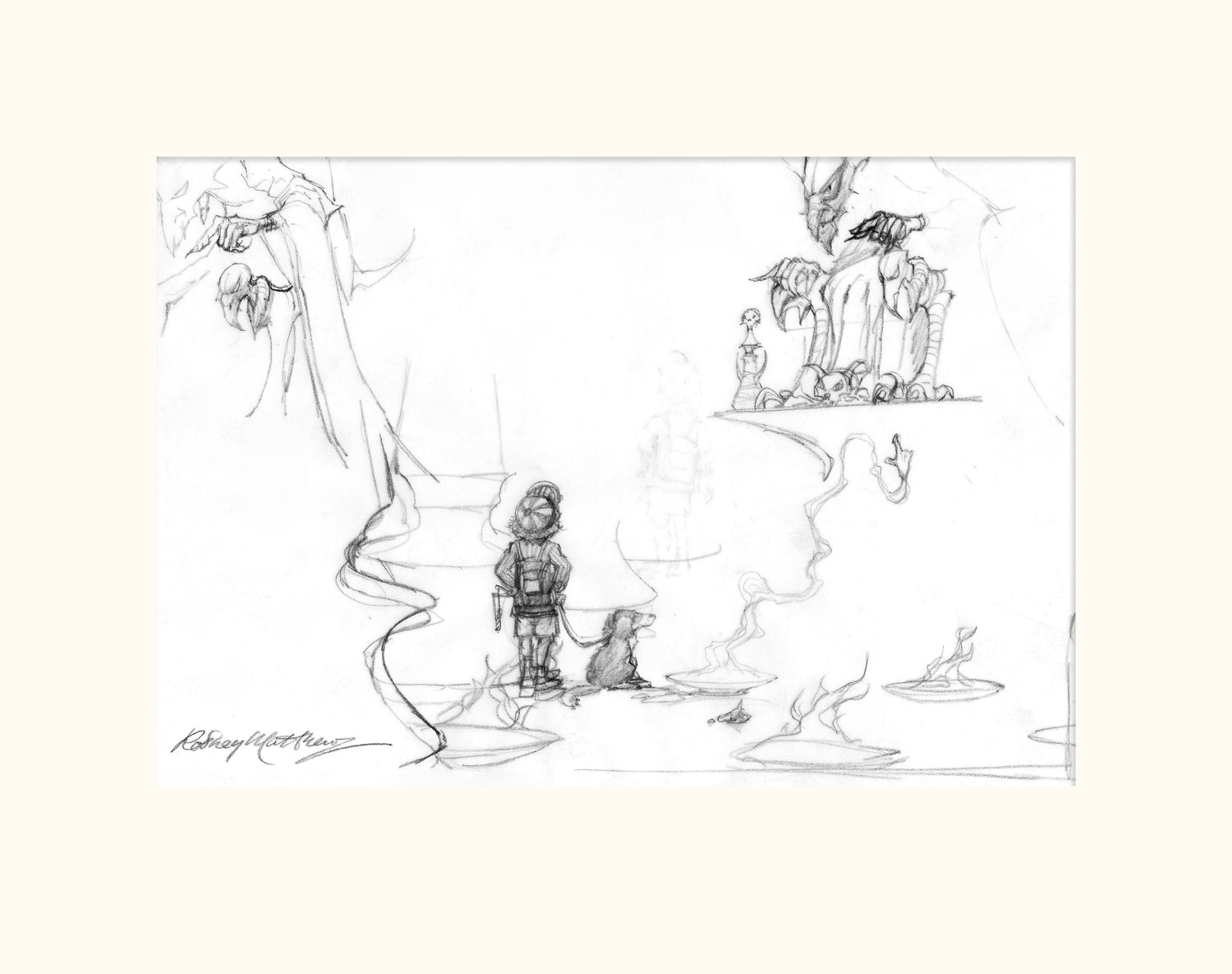 Detail from SB'D'L (Magnum) - Small boy, dog and villain original pencil sketch by Rodney Matthews