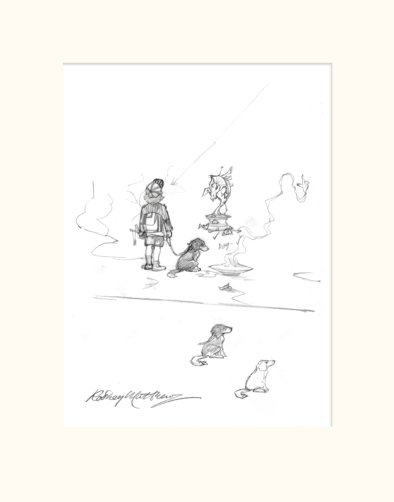 Detail from SB'D'L (Magnum) - Small boy, dog and trojan horse original pencil sketch by Rodney Matthews