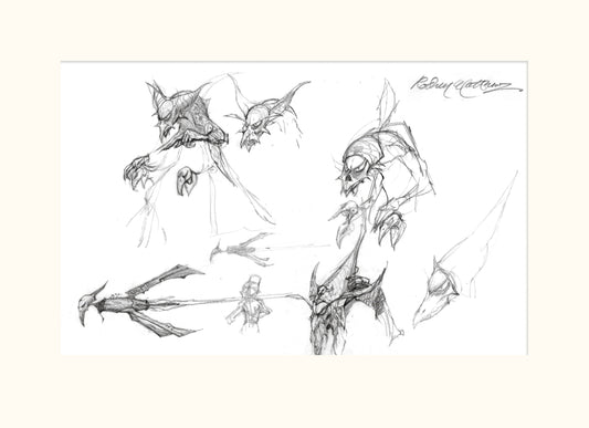 Detail from SB'D'L (Magnum) - Villain, rocket and small boy original pencil sketch by Rodney Matthews