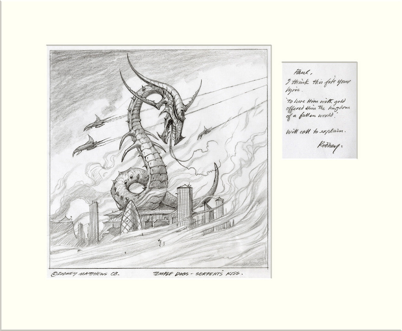 Serpent's Kiss - with hand-written notes (Atkins/May Project) original pencil drawing by Rodney Matthews