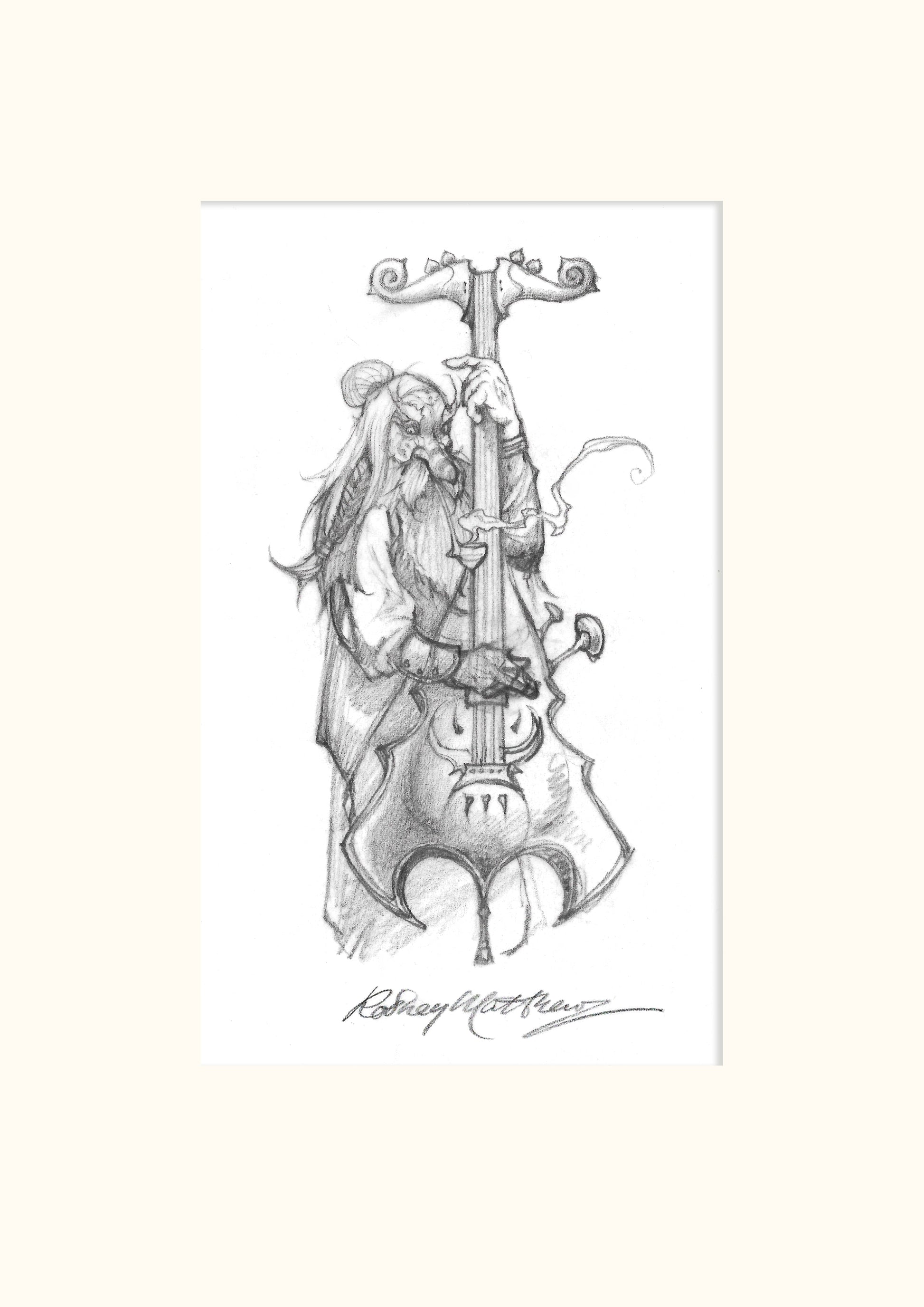 Detail from The Gathering (Magnum) - Double Bassist original pencil sketch by Rodney Matthews