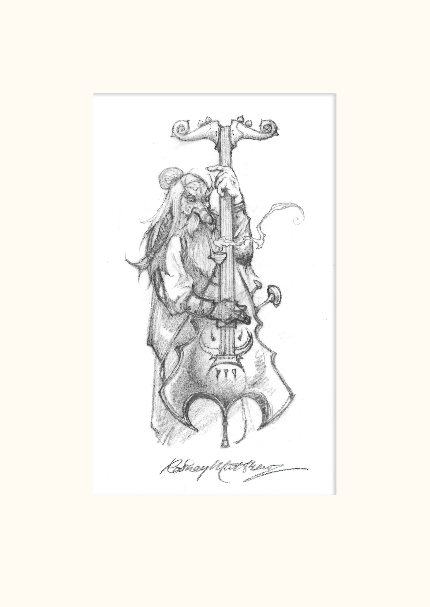 Detail from The Gathering (Magnum) - Double Bassist original pencil sketch by Rodney Matthews