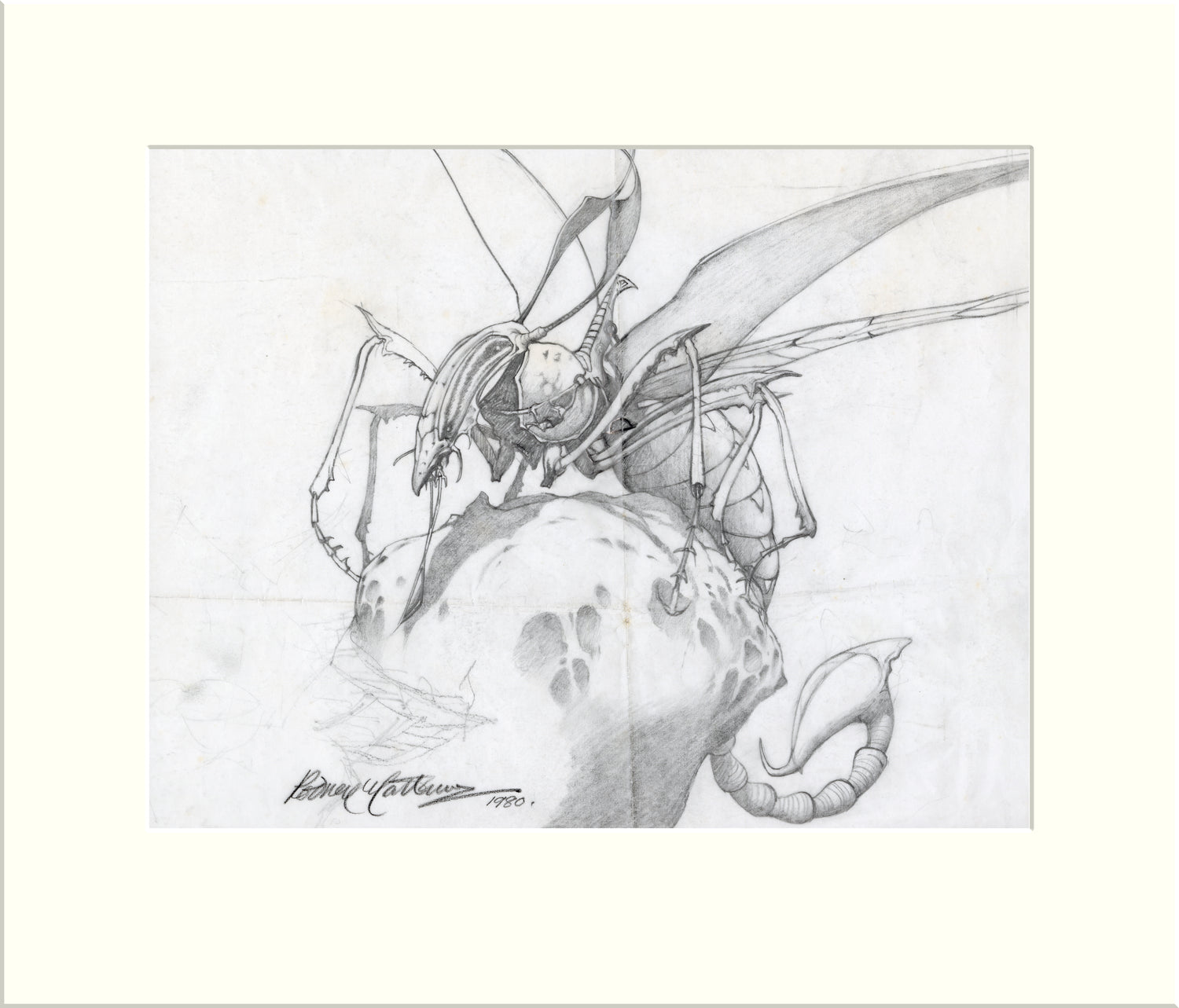 Detail from Time Tells No Lies: Wizard's Steed (II) (Praying Mantis) original pencil sketch by Rodney Matthews