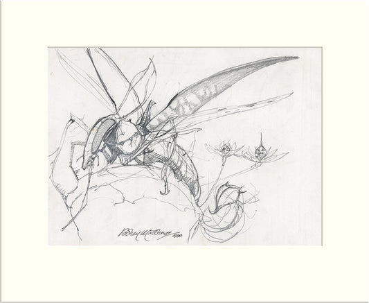 Detail from Time Tells No Lies: Wizard's Steed (I) (Praying Mantis) original pencil sketch by Rodney Matthews